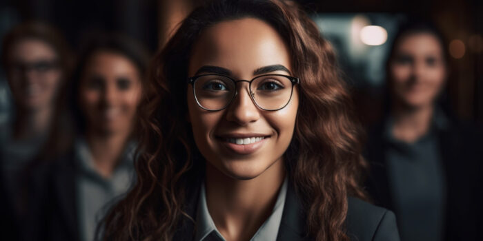 Successful business team smiling with confidence indoors generated by artificial intelligence