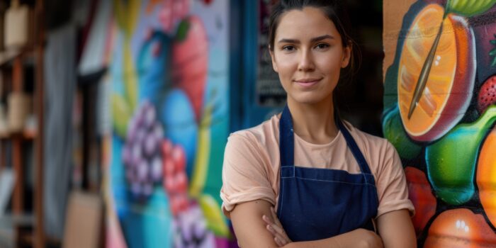 Confident woman in apron standing against colorful mural.
