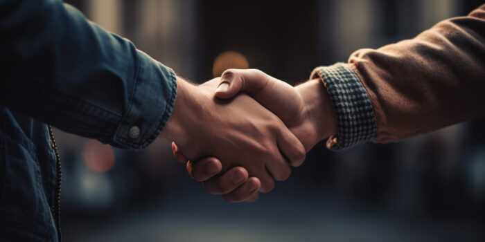 Successful business partnership formed through handshake and teamwork generated by artificial intelligence